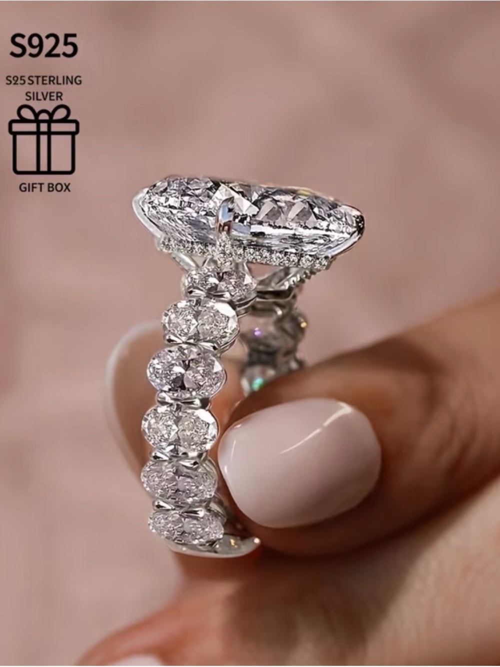 NWT-5 Carat Oval Fancy S925 Sterling Silver Moissanite Engagement Ring